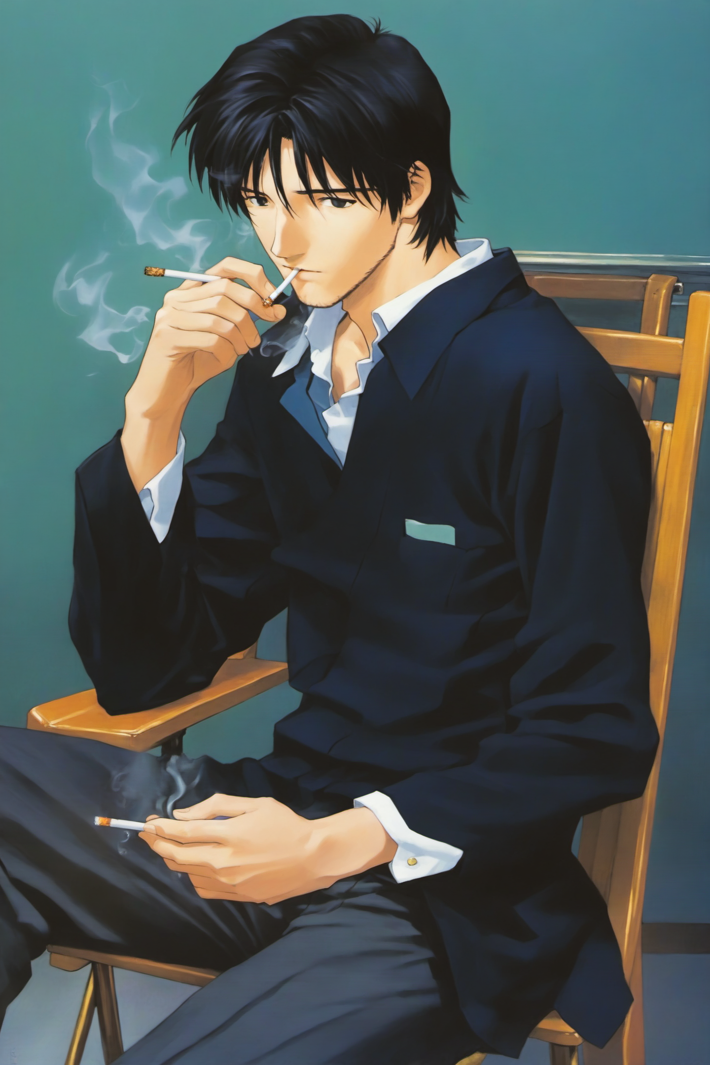 21685-440168748-solo, 1boy, male focus, cigarette, black hair, sitting, smoking, school uniform, chair, long sleeves, holding, _lora_Sadamoto Yo.png